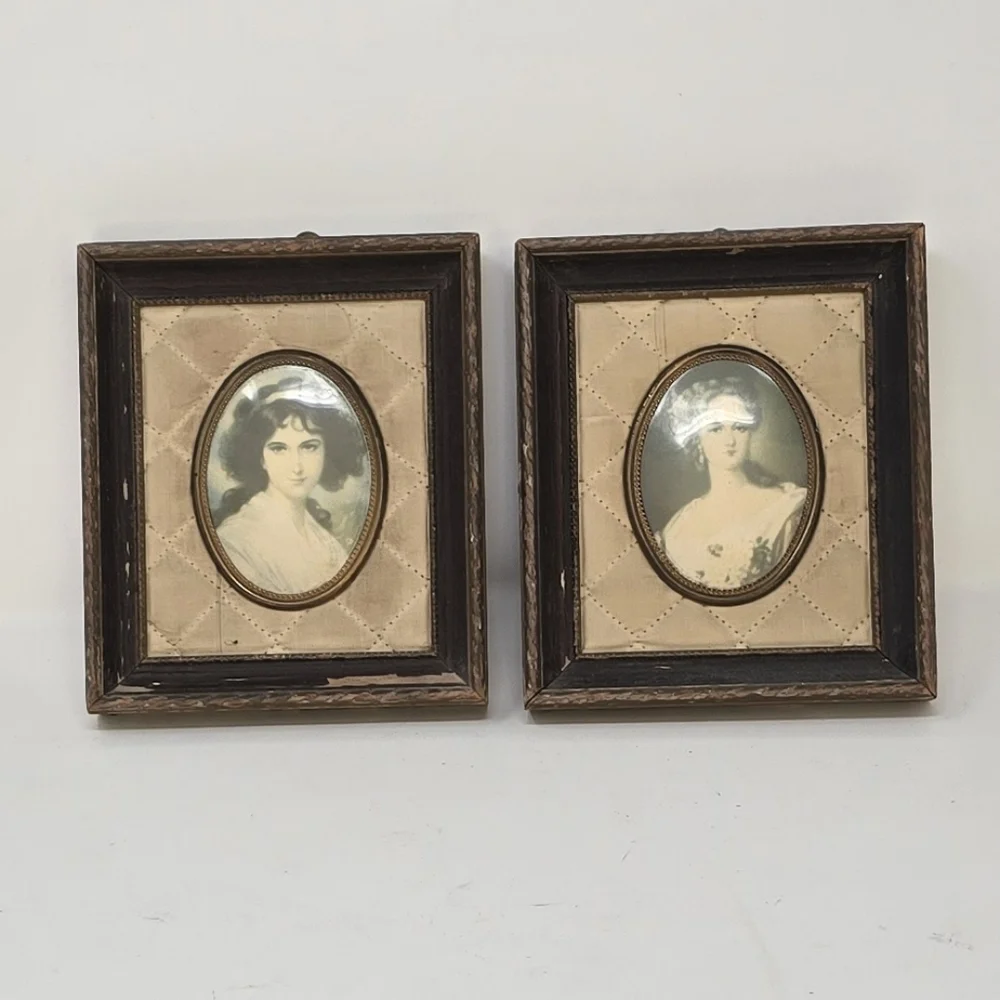 Vtg 1940s victorian women italian ornate royal portrait quilted silk wood